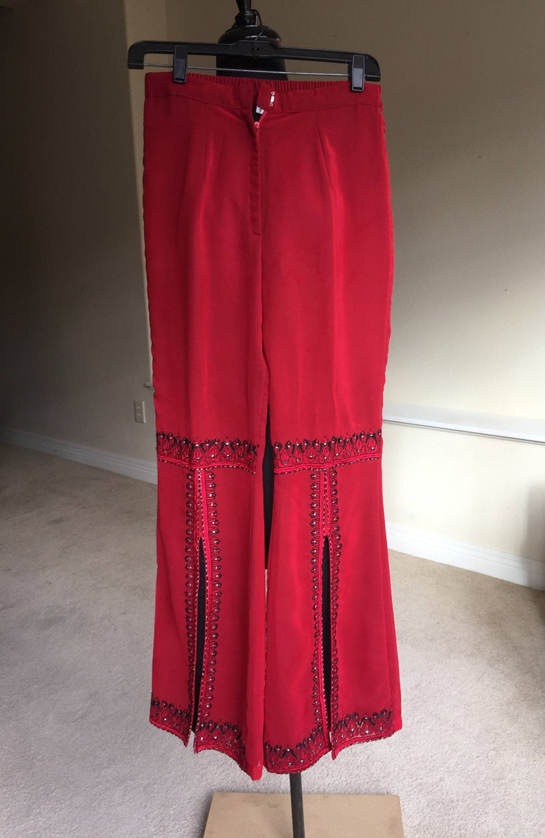 Vintage Red Black Tunic Top Bell Bottoms Set Kaftan 1970
