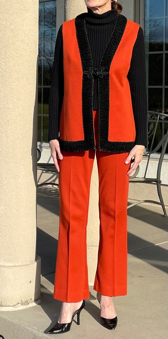 Vintage Modern Orange Knit Pantsuit 2 Piece Faux F