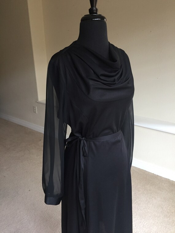 Vintage Black Disco Dress Sheer Sleeves Belted Mo… - image 9
