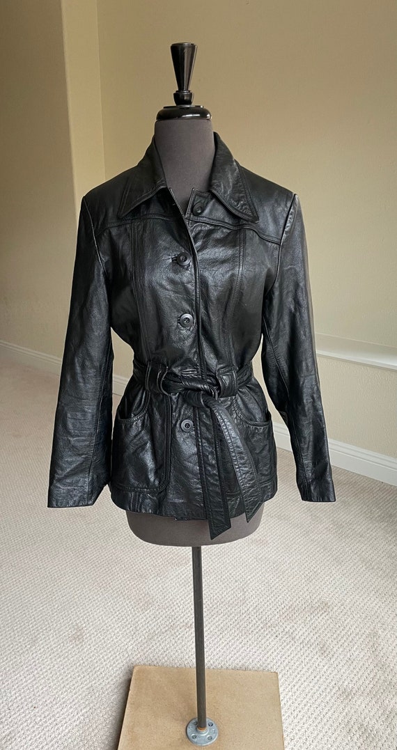 Vintage Short Black Leather Jacket Blazer Belted - image 2