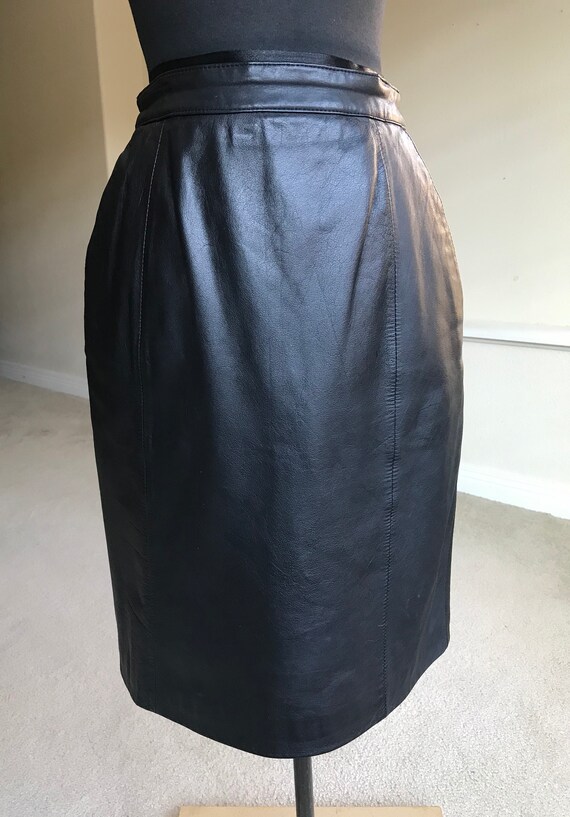 Vintage Black Leather Fitted Pencil Skirt Pockets - image 5