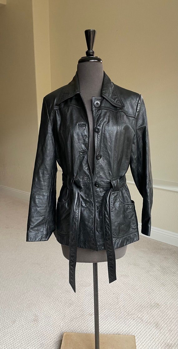 Vintage Short Black Leather Jacket Blazer Belted - image 3