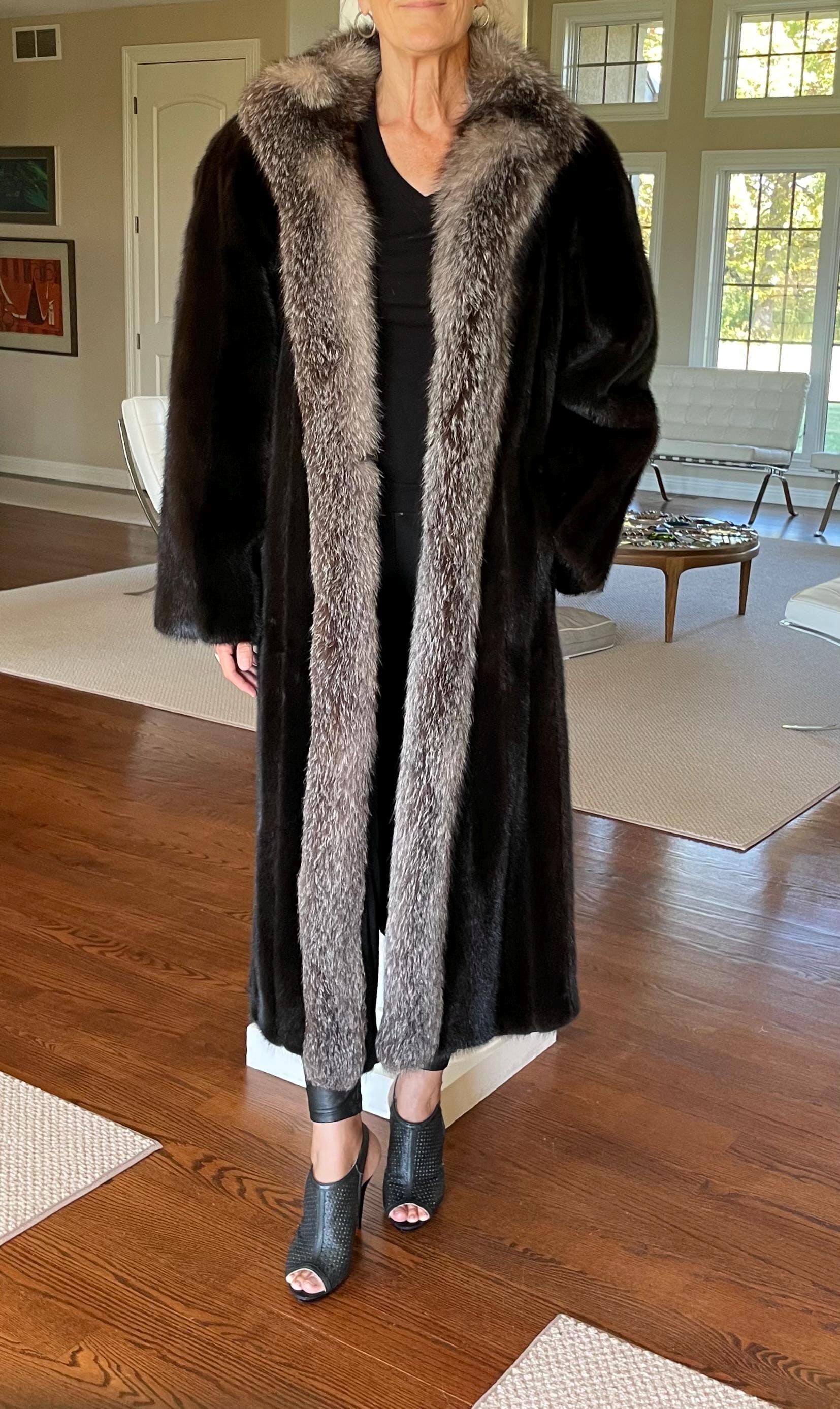 Vintage Long Dark Brown Mink Fur Coat Silver Fox Fur Trim - Etsy
