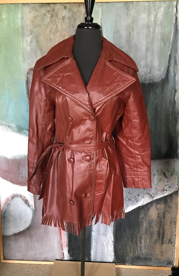 Vintage Brown Mahogany Leather Trench Coat Jacket… - image 5