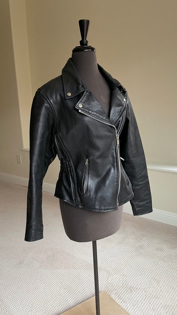 Women's Vintage Black Leather Motorcycle Jacket S - image 7