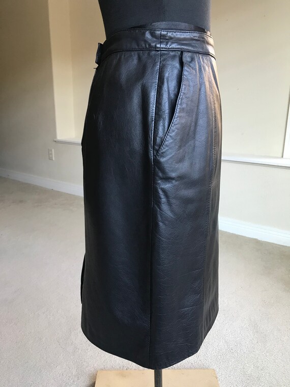Vintage Black Leather Fitted Pencil Skirt Pockets - image 7