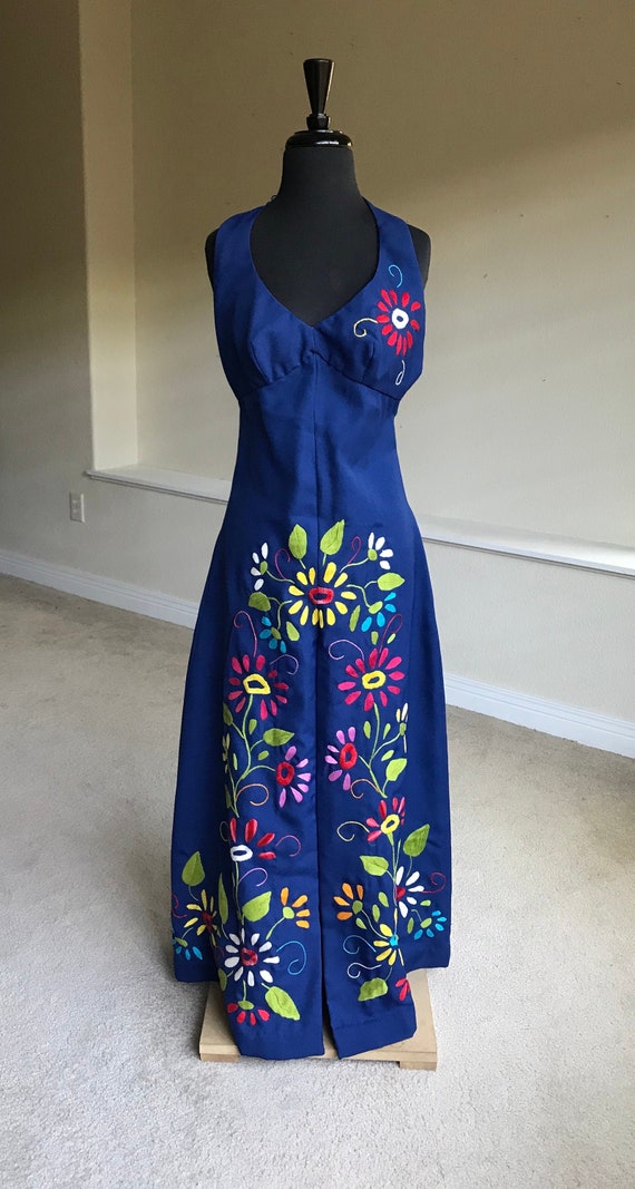 Vintage Modern Long Maxi Blue Embroidered  Halter 