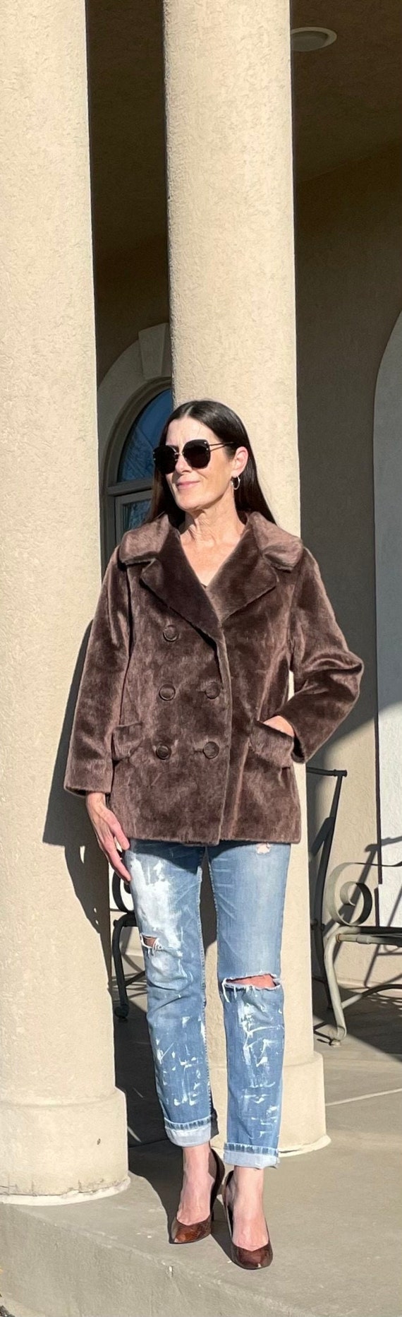 Vintage Brown Beige Taupe Faux Fur Jacket Coat Mod