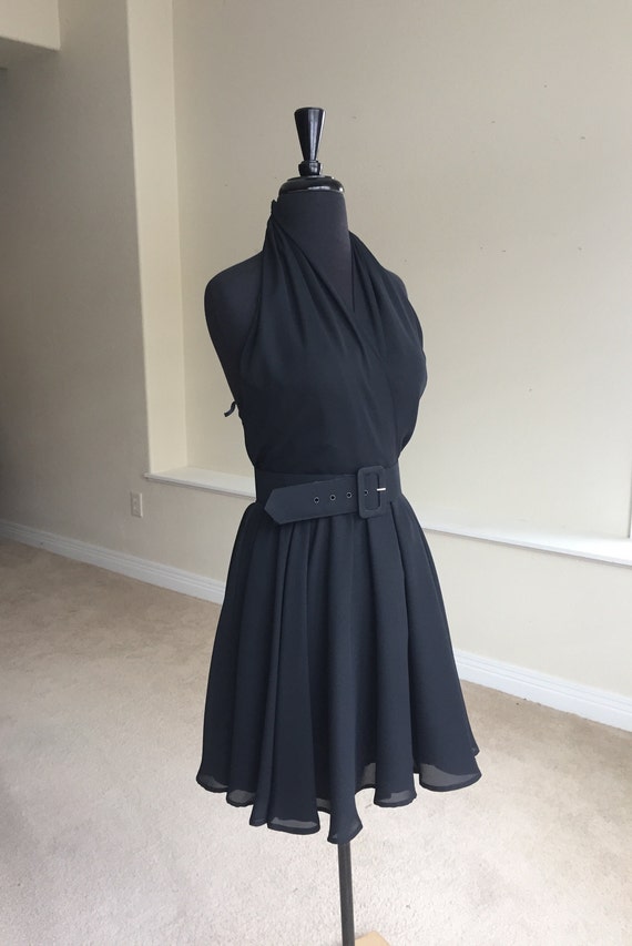 Vintage Black Chiffon Halter Dress Short Belted - image 3