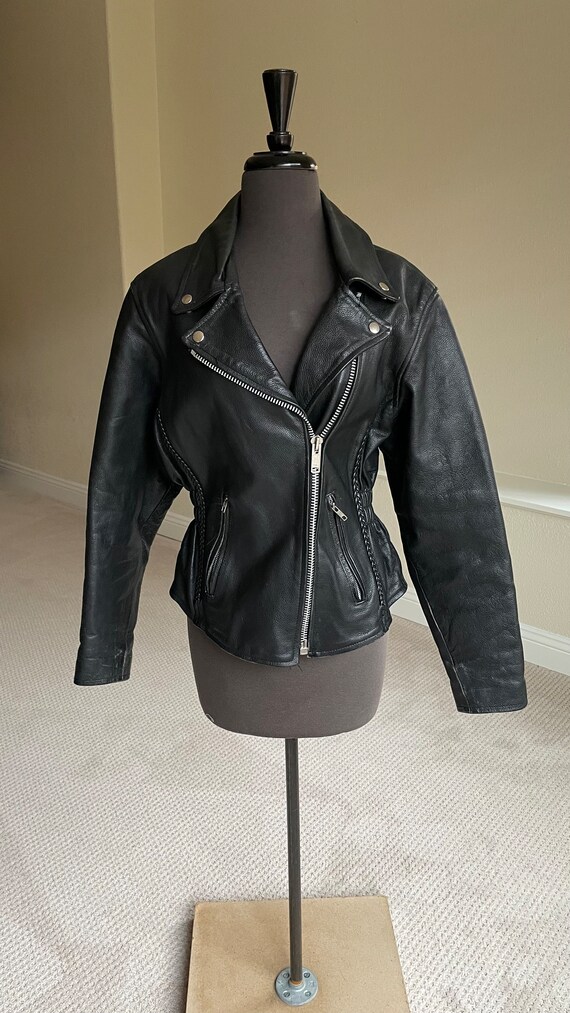 Women's Vintage Black Leather Motorcycle Jacket S - image 3