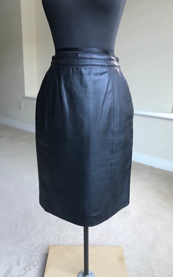 Vintage Black Leather Fitted Pencil Skirt Pockets - image 4