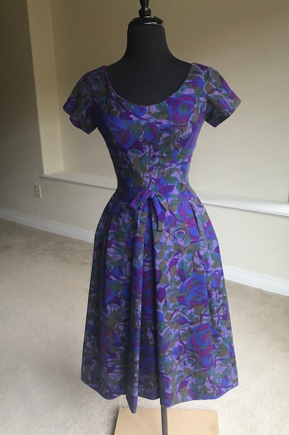 Vintage Worsted Wool Floral Tea Dress 1950