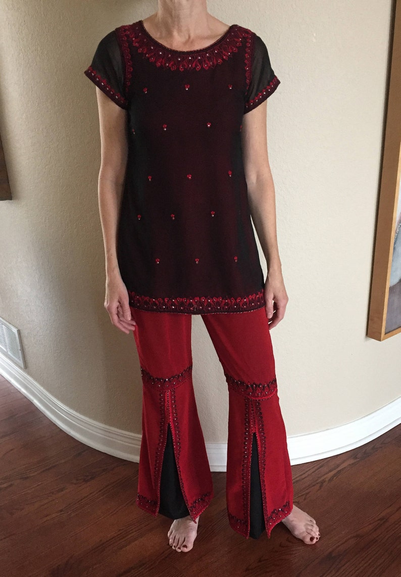 Vintage Red Black Tunic Top Bell Bottoms Set Kaftan 1970