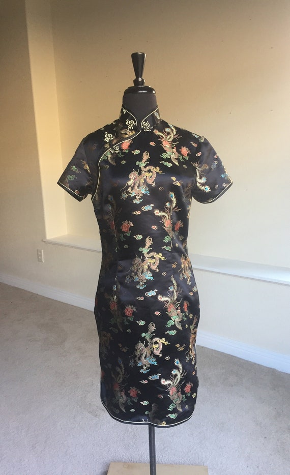 Vintage Black Oriental Asian Cheongsam Short Dress