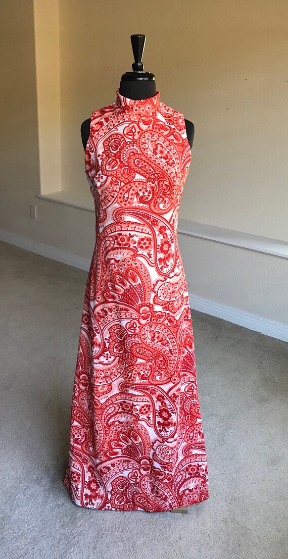 Vintage Modern Red White Paisley Print Long Maxi S