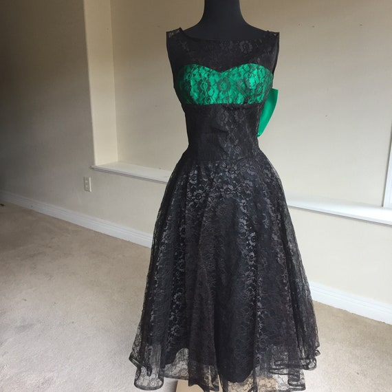 Vintage Black Lace Green Satin Bow Tea Dress - image 1