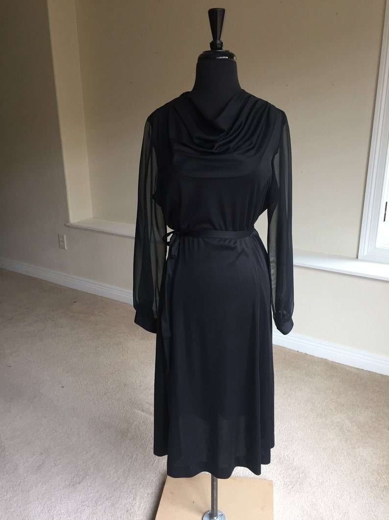 Vintage Black Disco Dress Sheer Sleeves Belted Modern image 1