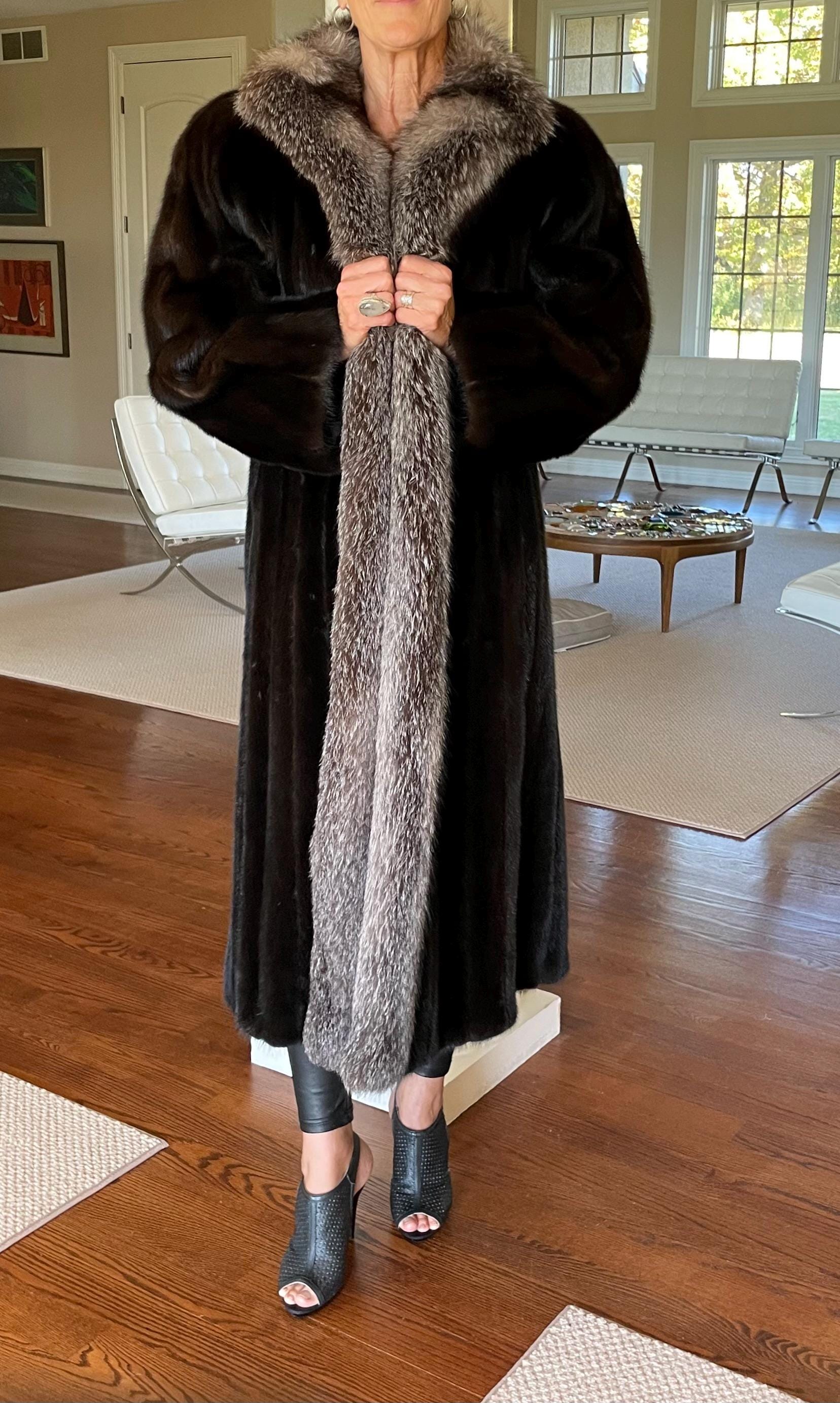 Vintage Long Dark Brown Mink Fur Coat Silver Fox Fur Trim - Etsy