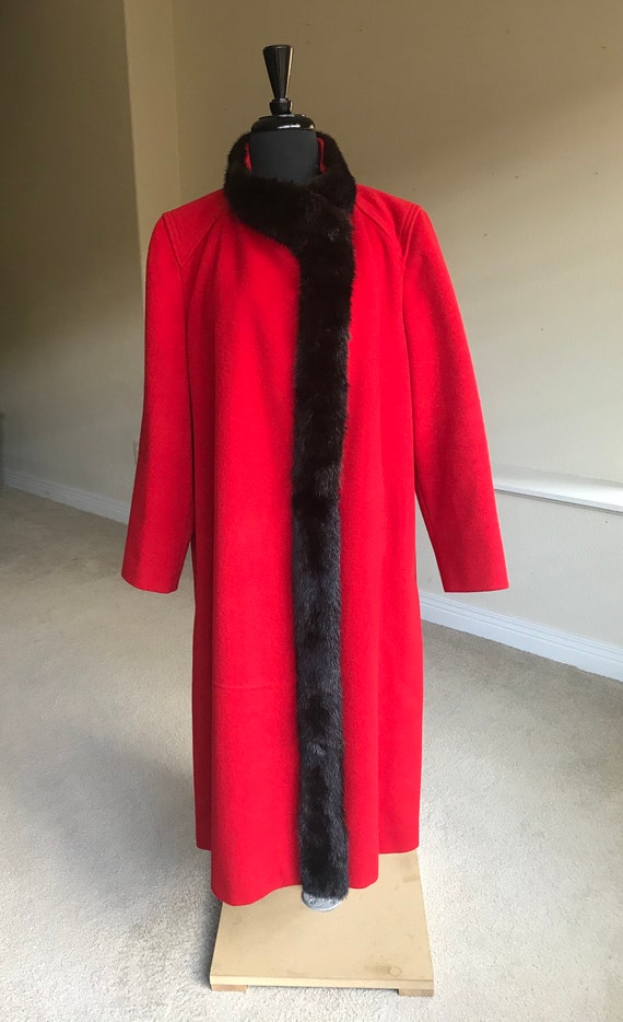 Vintage Modern Red Wool Long Coat Mink Fur Trim