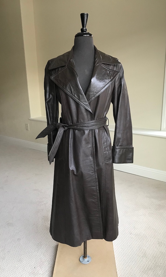 Vintage Modern Brown Leather Trench Coat Belted