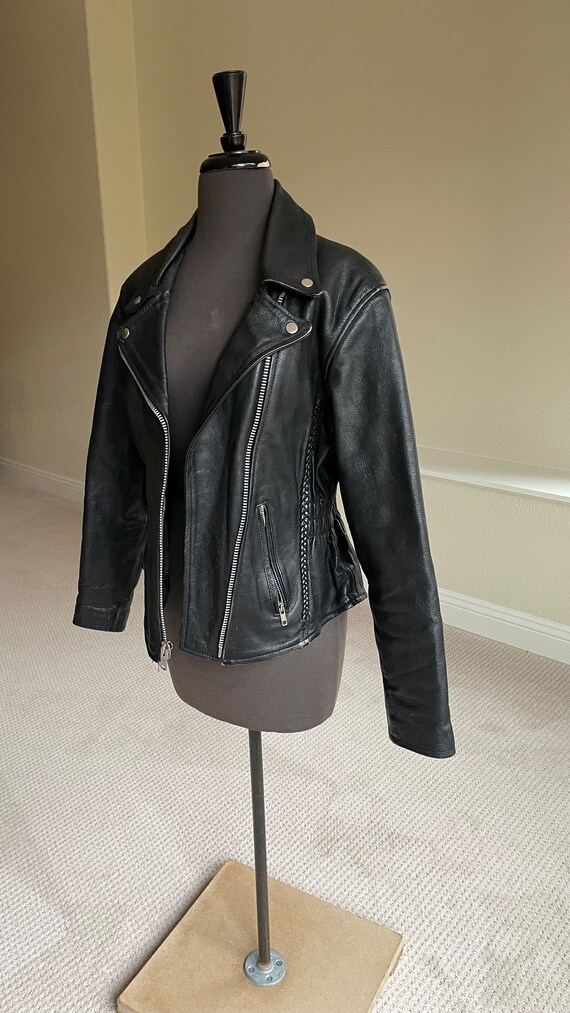 Women's Vintage Black Leather Motorcycle Jacket S - image 5