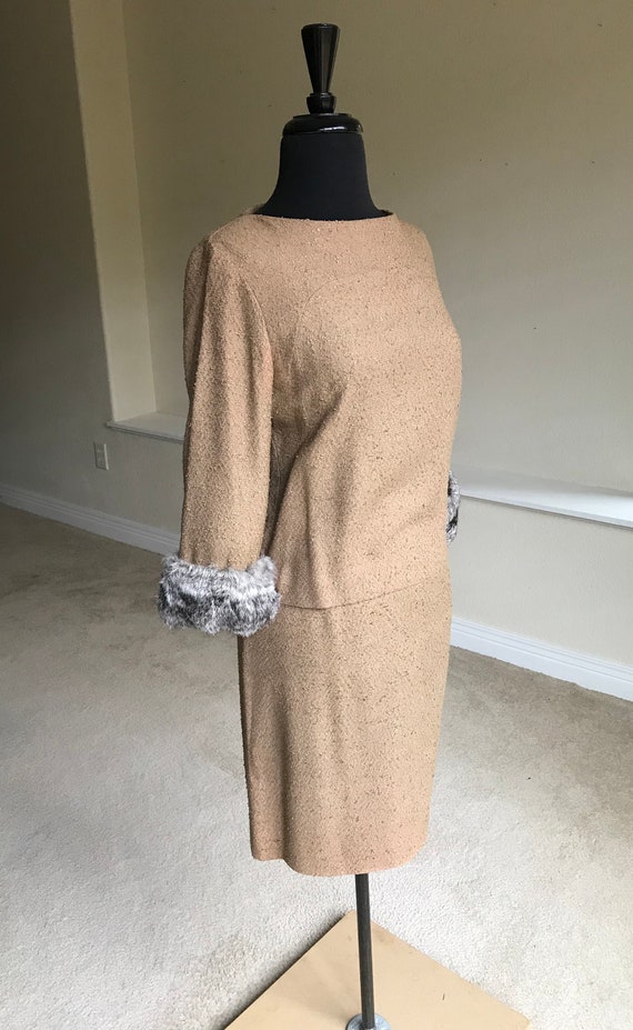 Vintage Tan Raw Silk Suit Top Skirt Fur Trim 1960 - image 4