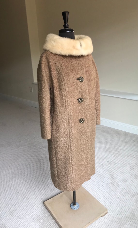 Vintage Modern Beige Tan Wool Boucle Mink Collar … - image 7