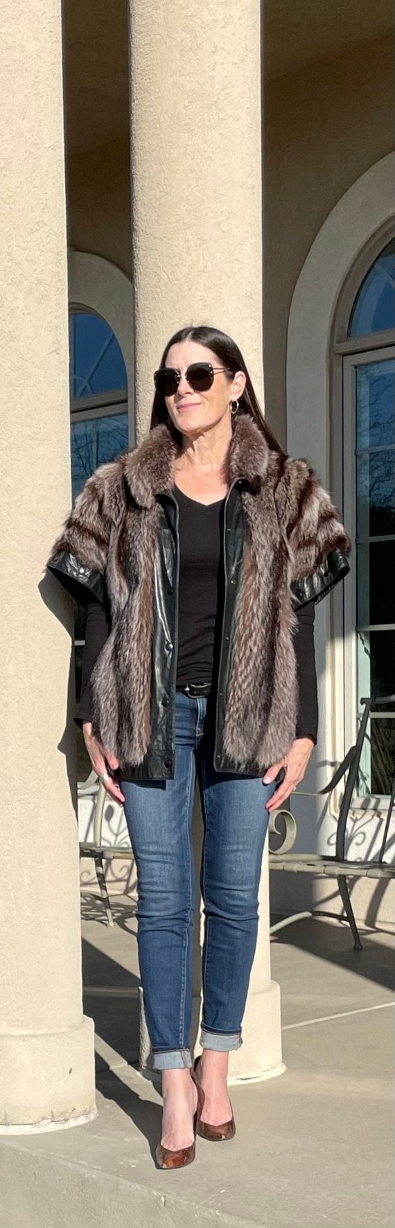 Vintage Short Silver Raccoon Fur and Leather Jacke