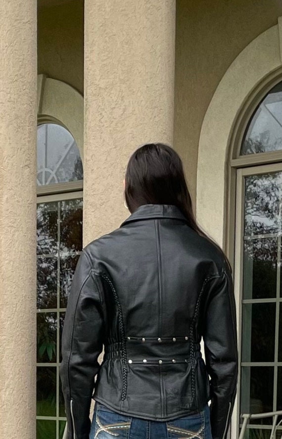 Women's Vintage Black Leather Motorcycle Jacket S - image 9