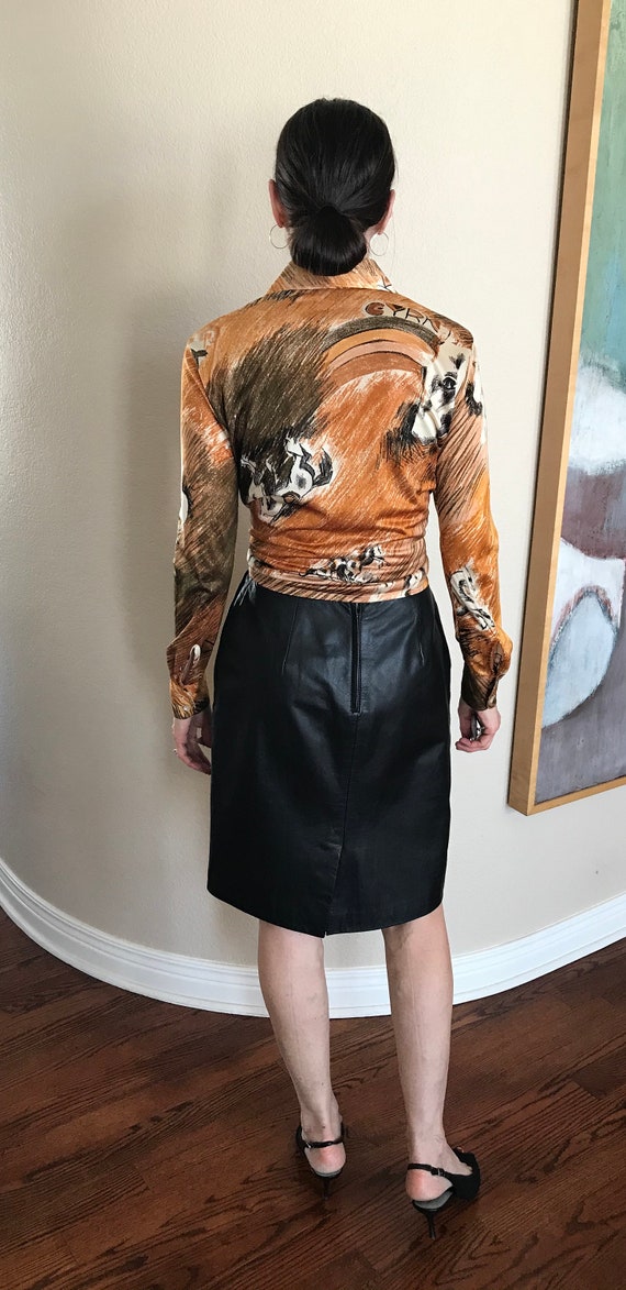 Vintage Black Leather Fitted Pencil Skirt Pockets - image 3