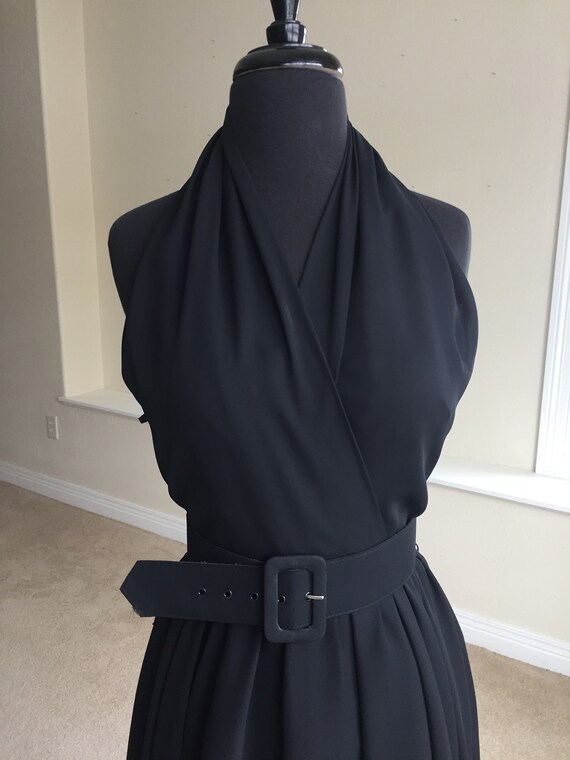 Vintage Black Chiffon Halter Dress Short Belted - image 4
