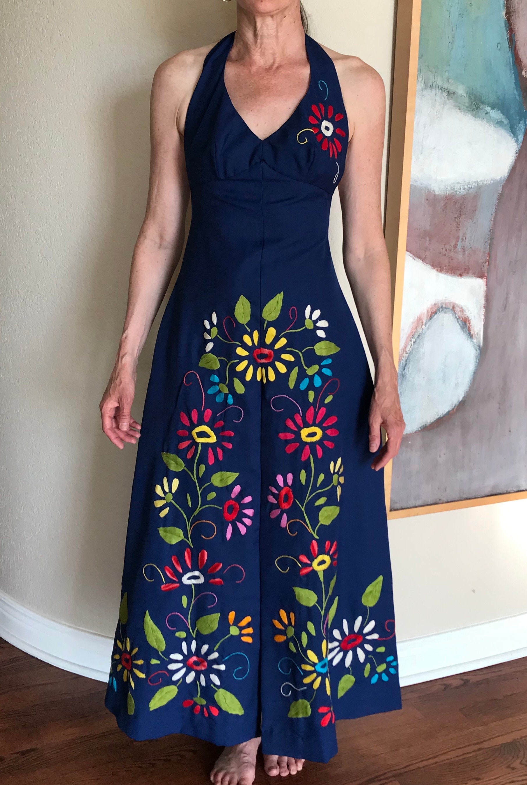 Fine maxi dresses fashion Retro Three Quarter Sleeve Printed Blue Long Dress