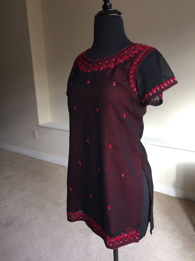 Vintage Red Black Tunic Top Bell Bottoms Set Kaftan 1970