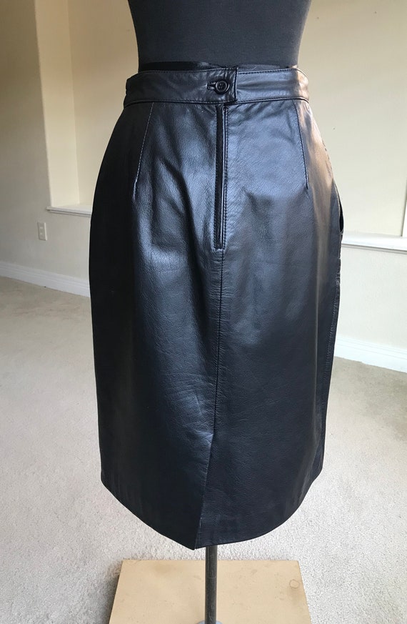 Vintage Black Leather Fitted Pencil Skirt Pockets - image 6