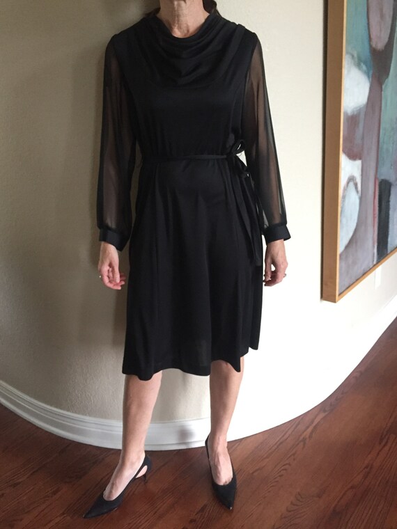 Vintage Black Disco Dress Sheer Sleeves Belted Mo… - image 4
