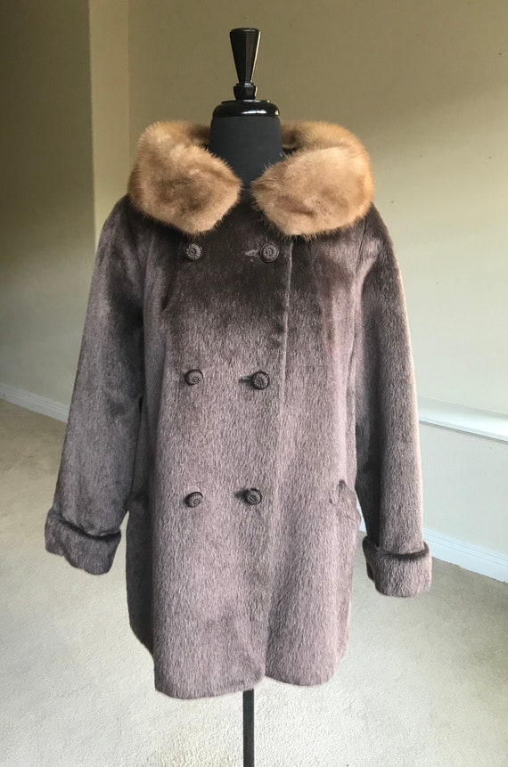 Vintage Brown Faux Fur Coat Jacket Mink Fur Collar