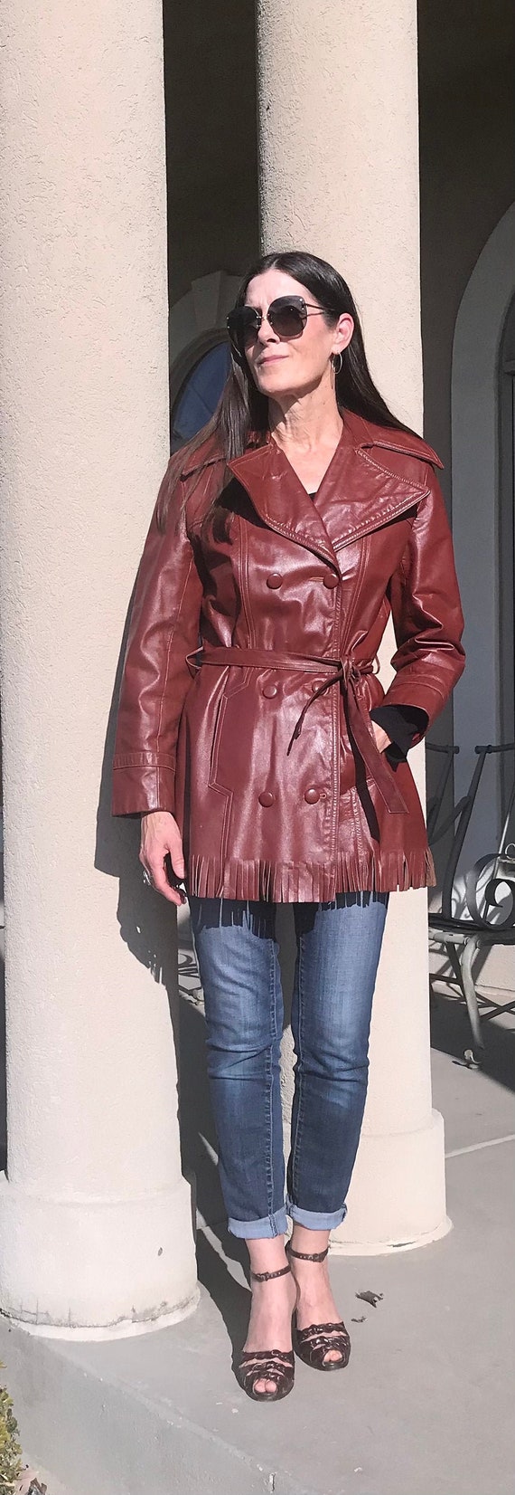 Vintage Brown Mahogany Leather Trench Coat Jacket… - image 1