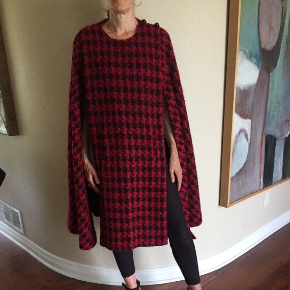 Vintage Long Black Red Hounds Tooth Wool Mohair Bo