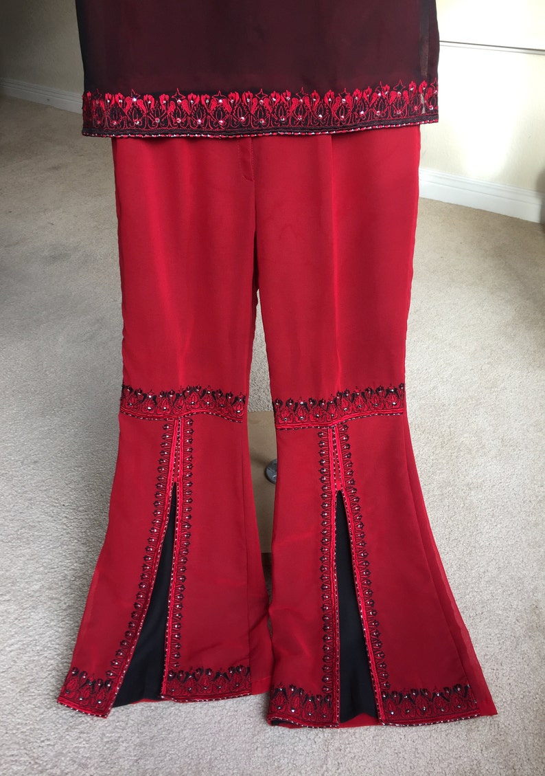 Vintage Red Black Tunic Top Bell Bottoms Set Kaftan 1970