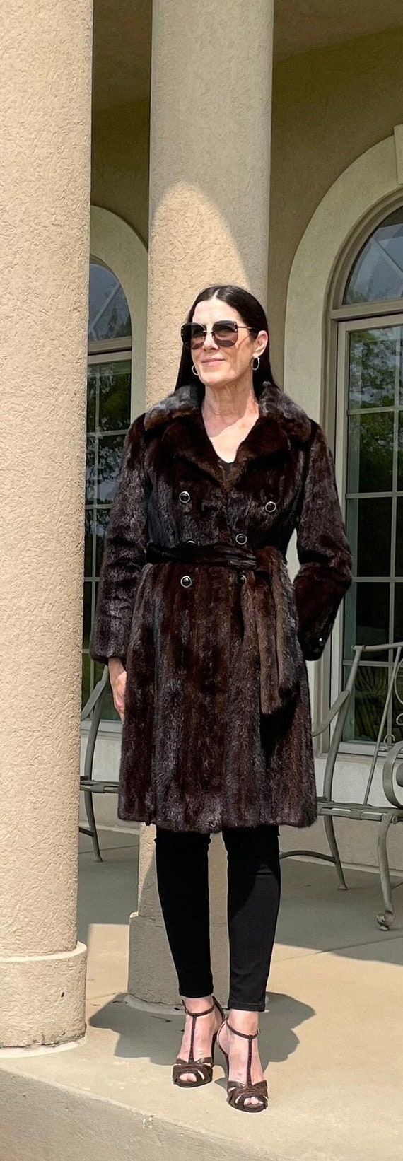 Vintage Long Dark Brown Mink Fur Coat Belted Princ