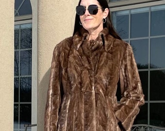 Vintage Long Brown Beige Tan Mink Fur Coat Princess Belted