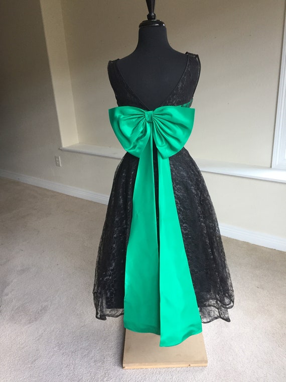 Vintage Black Lace Green Satin Bow Tea Dress - image 3