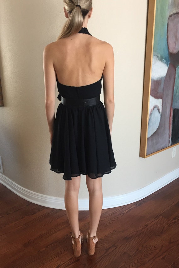 Vintage Black Chiffon Halter Dress Short Belted - image 7