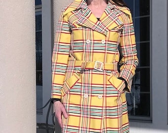 Vintage Modern Yellow Plaid Trench Coat Belted 1970