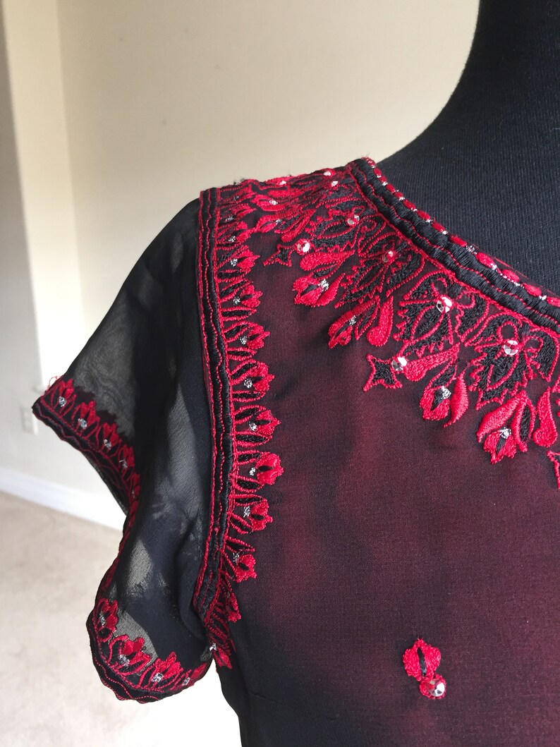 Vintage Red Black Tunic Top Bell Bottoms Set Kaftan 1970