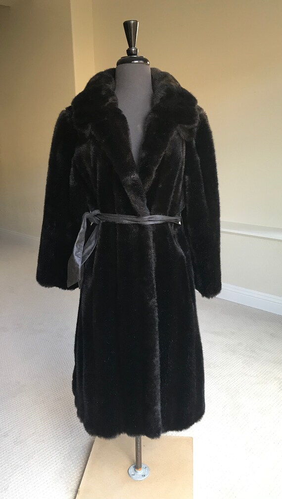 Vintage Black Mink Faux Fur Coat Jacket Belted Ti… - image 6
