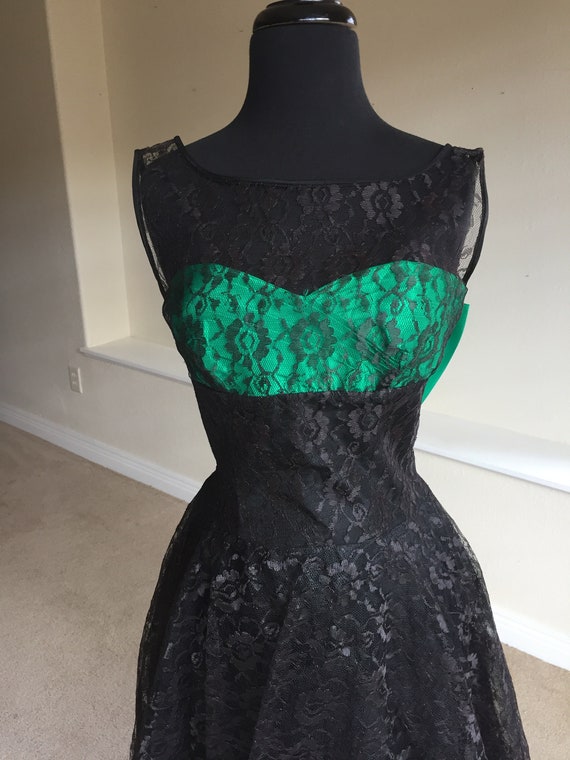 Vintage Black Lace Green Satin Bow Tea Dress - image 2