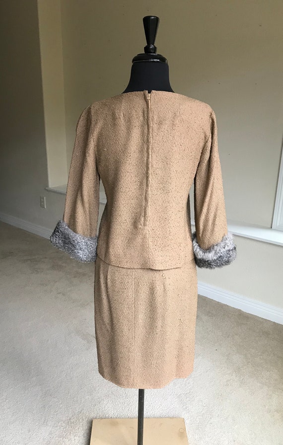 Vintage Tan Raw Silk Suit Top Skirt Fur Trim 1960 - image 3