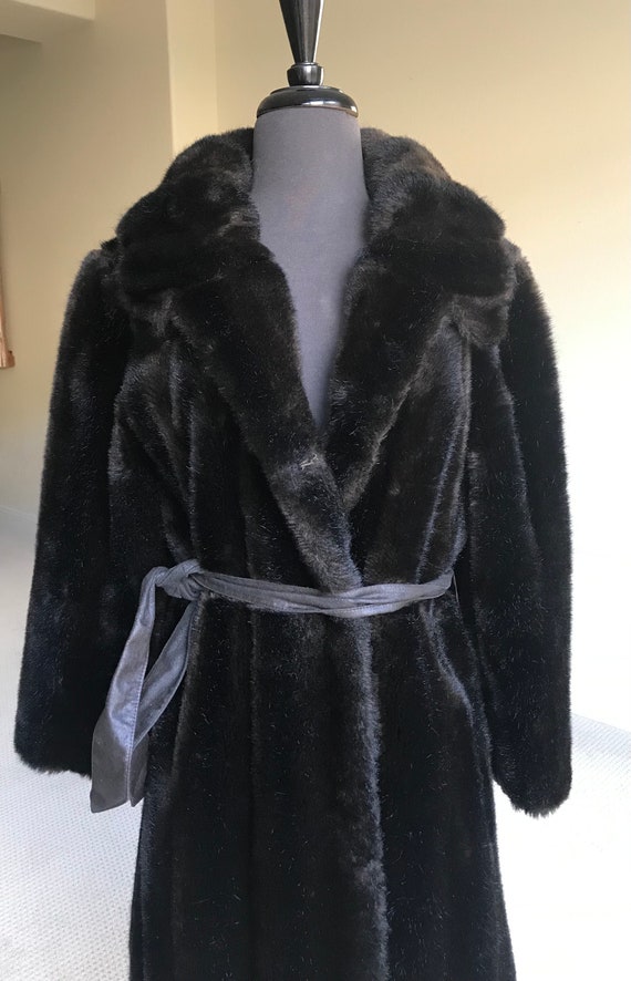 Vintage Black Mink Faux Fur Coat Jacket Belted Ti… - image 8