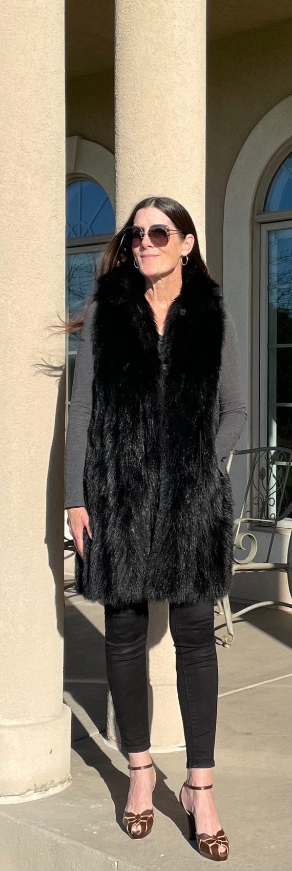 Vintage Long Black Fox Fur Vest Coat